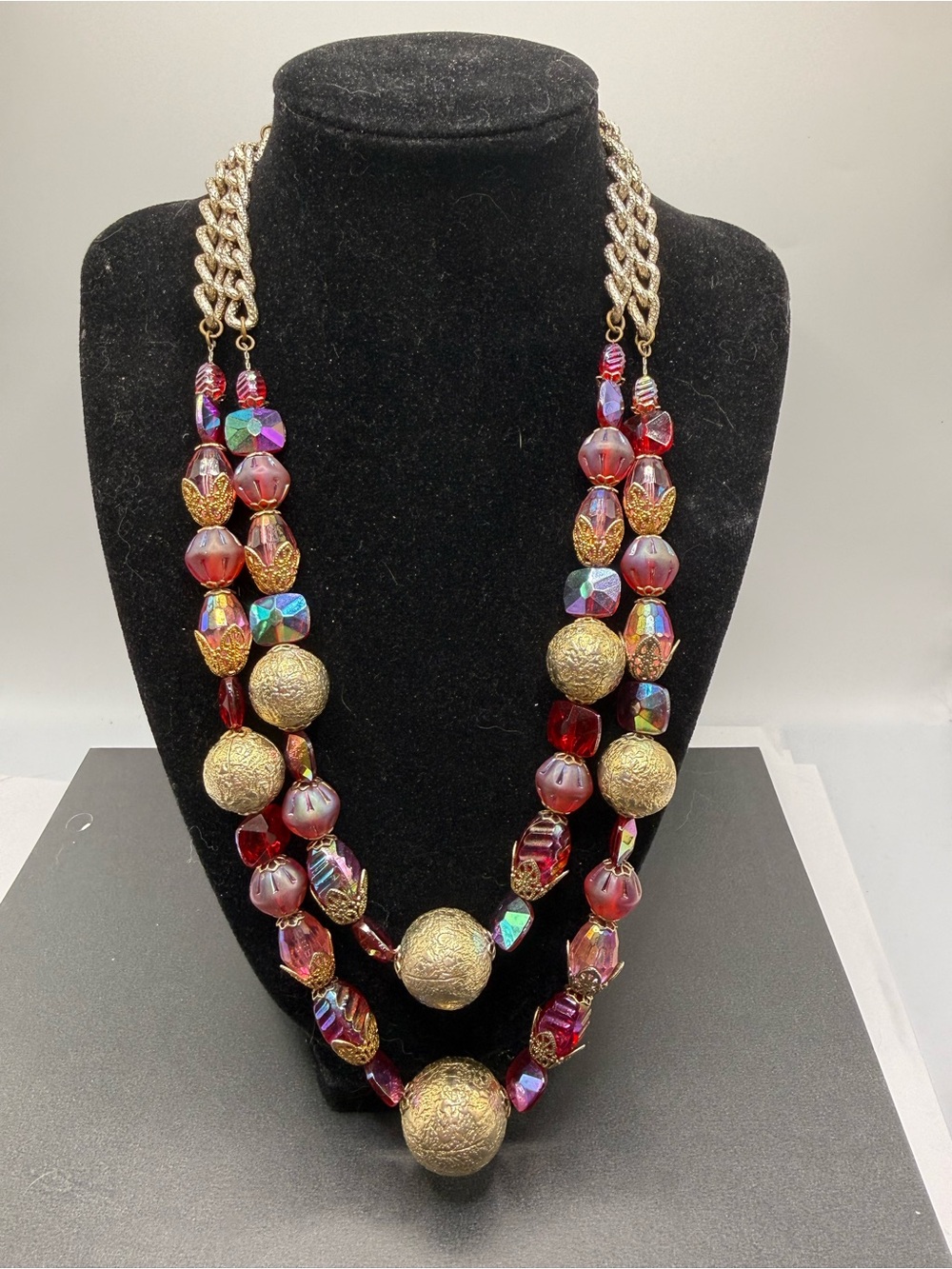 Vintage Signed Hobe Red Aurora Borealis Bead Necklace 18โ + Extender